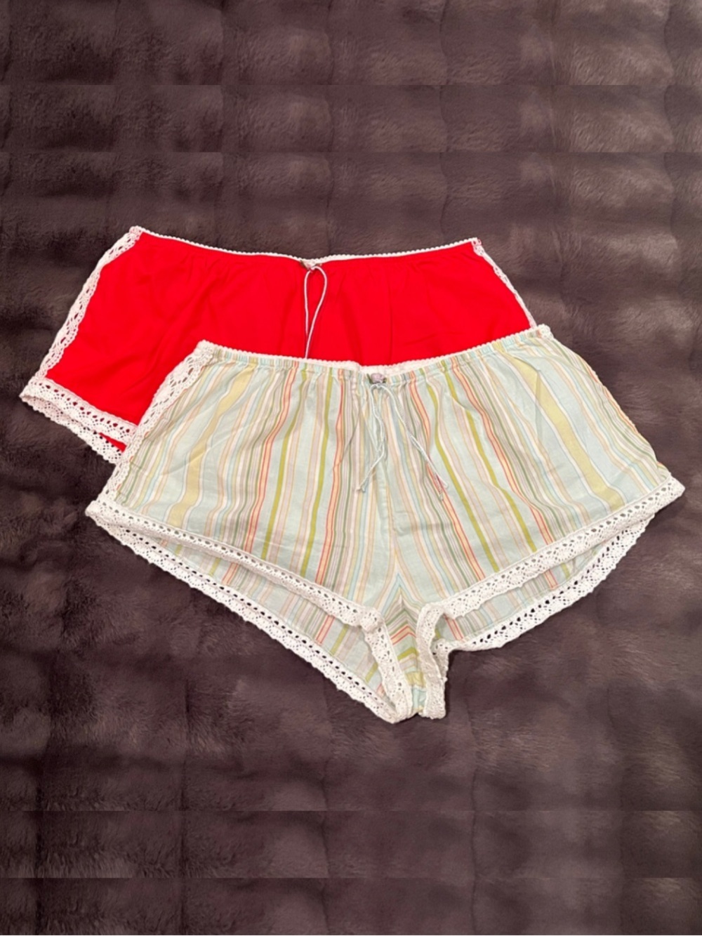 Two (2) Victoria’s Secret Sleep Shorts - Solid & Striped - Crochet Trim (Small)